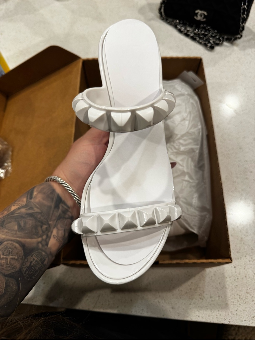 White Studded Patent Wedge Slide Sandals - Women's - Picture 2 of 9